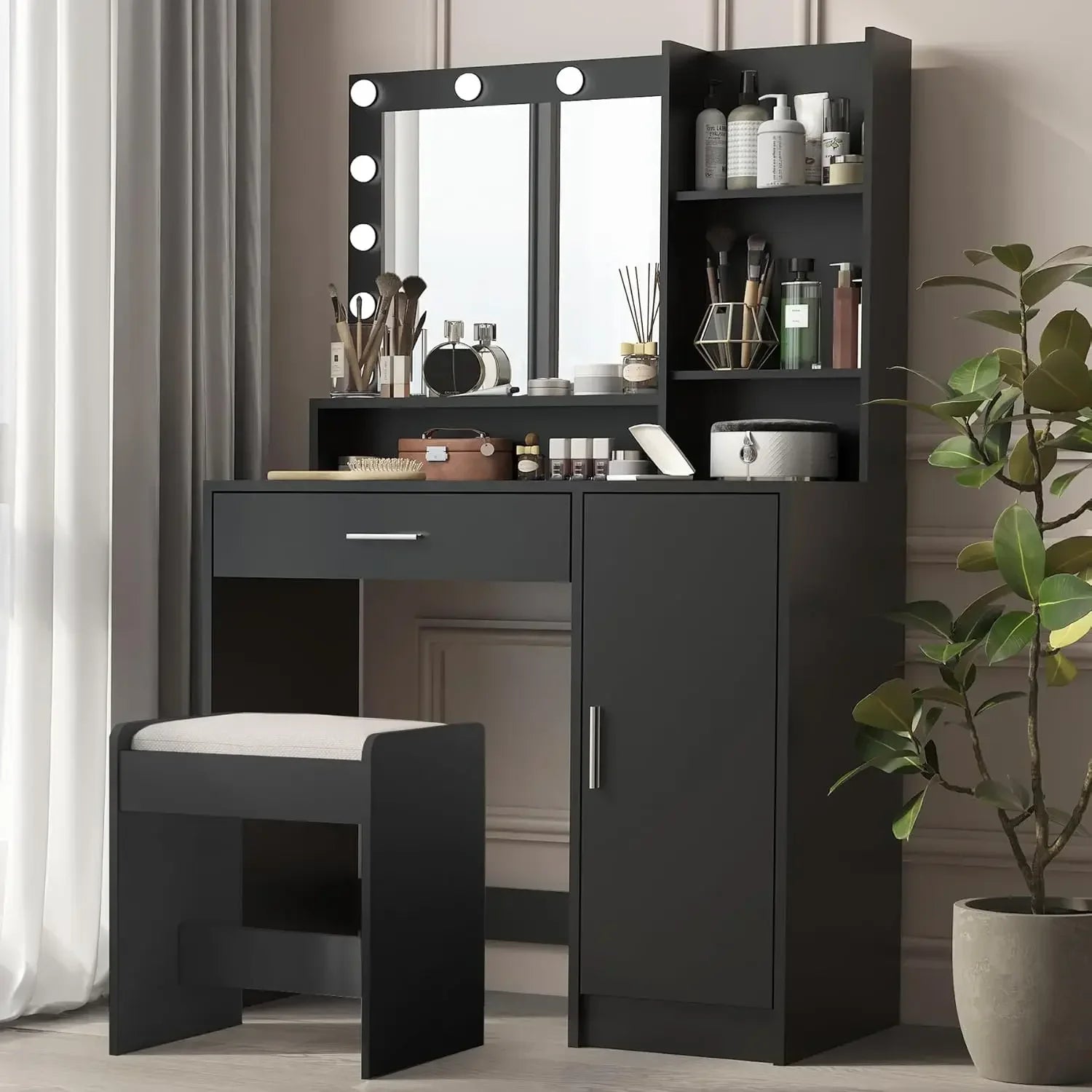 Vanity Desk with Mirror & Light, Large Drawer & Three Level Storage Dresser, Bedroom Dressing Table (Black with Stool)