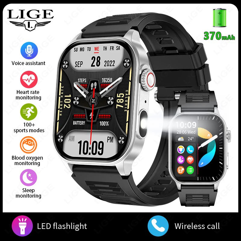 LIGE New Smart Watch LED Flashlight Military Sport Watches 2.01'' Screen Health Monitor Bluetooth Call Waterproof Smartwatch Men