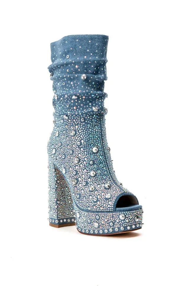 Mid-Calf Boots – Crystal Embellished Pointed Toe – High Heel | KIMLUD