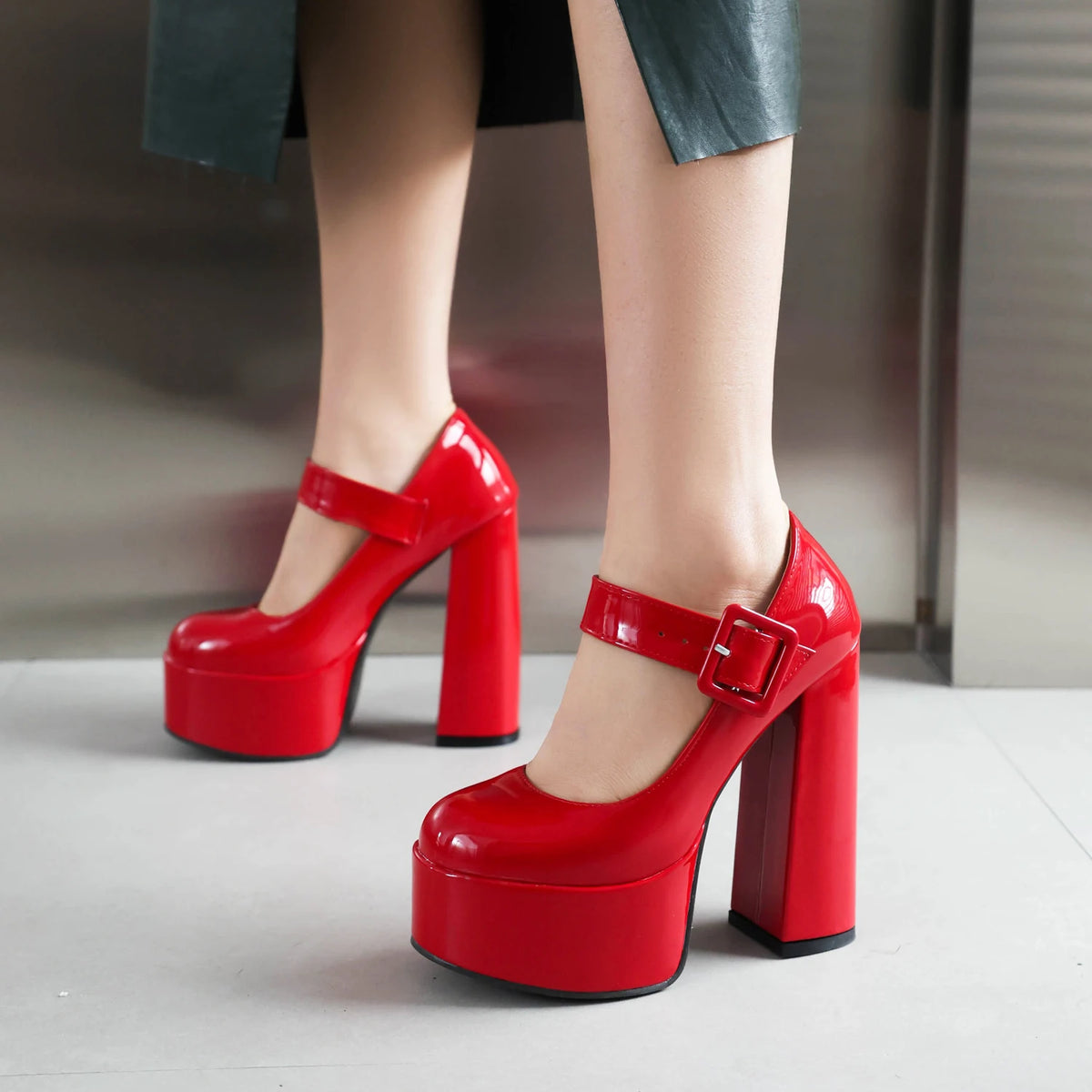 Mary Jane Platform Pumps – Buckle Strap – PU – Red | KIMLUD
