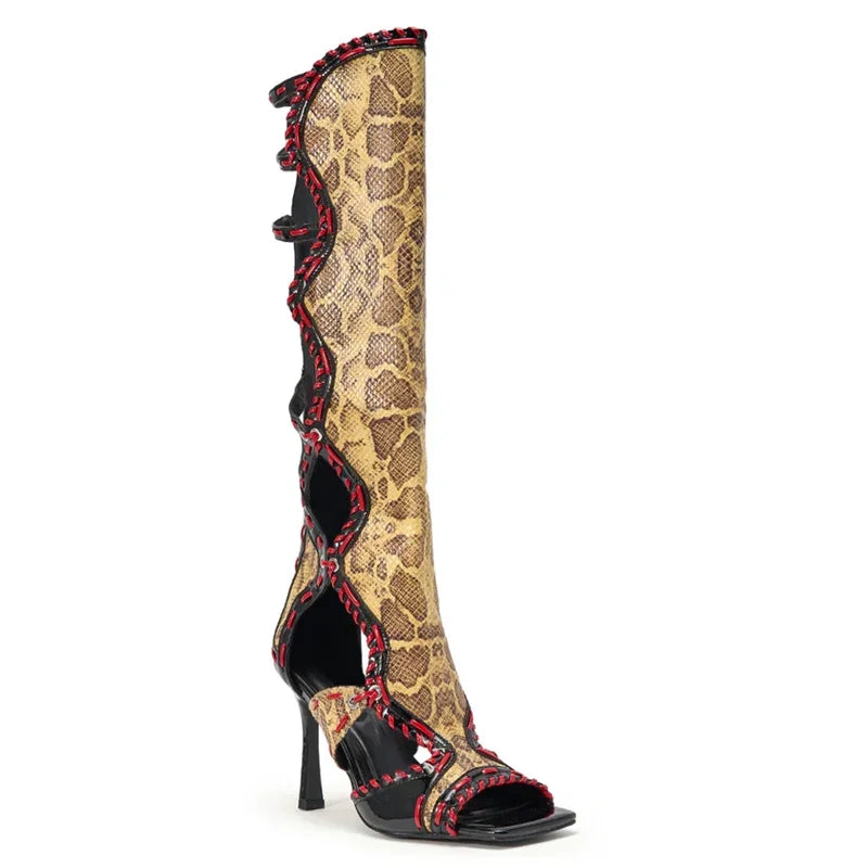 Boots – Patchwork Leather Hollow Out – Square Toe – Zipper Thick Heel | KIMLUD