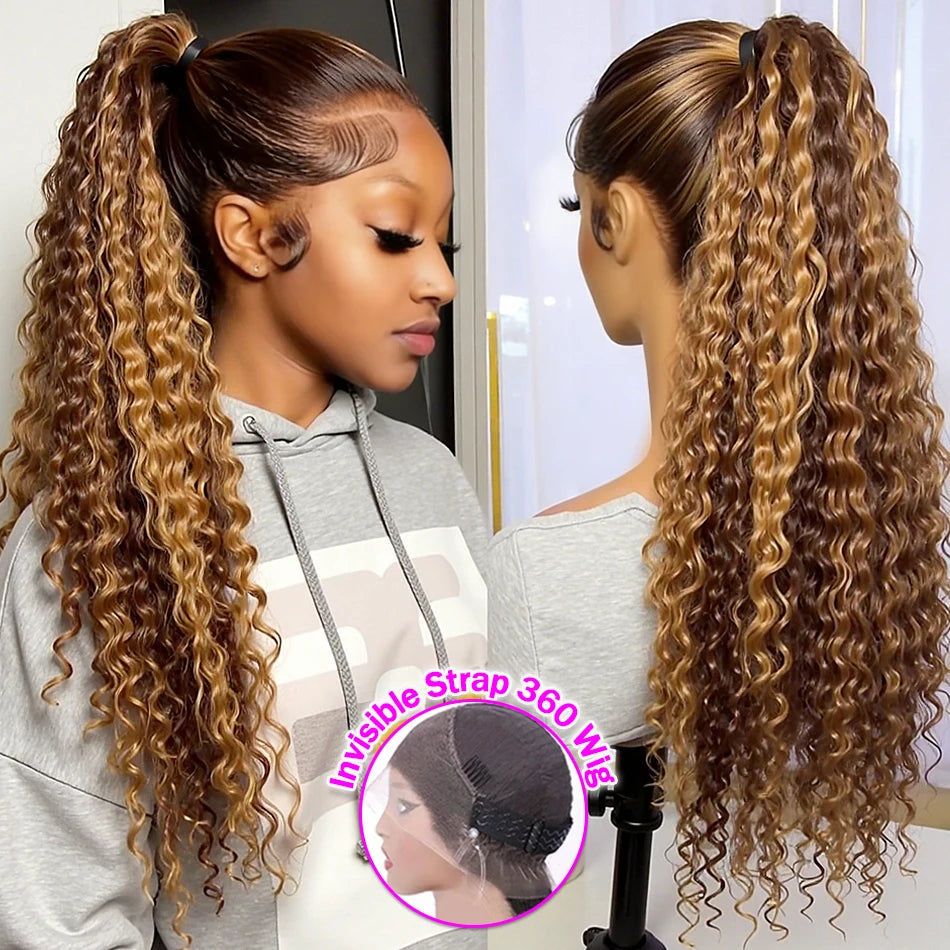 360 Lace Front Wig – Deep Wave Highlight – Human Hair – Honey Blonde | KIMLUD