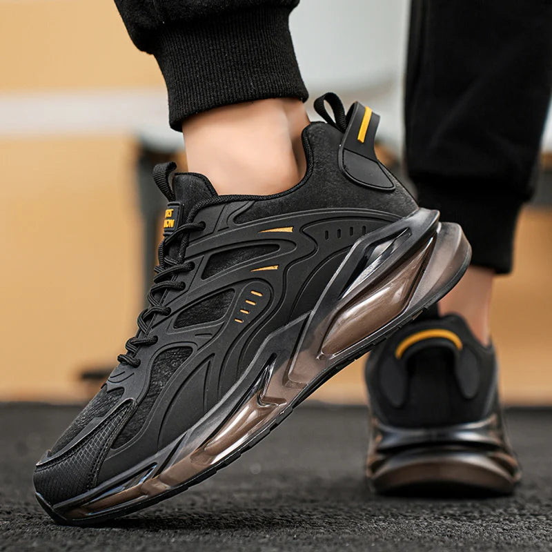 Breathable Mesh Running Shoes Lightweight Non Slip — Black With Amber Accents | KIMLUD