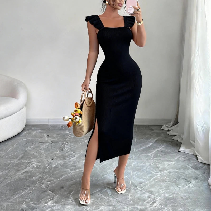 Ribbed Knit Bodycon Maxi Dress Square Neck Ruffle Straps — Black | KIMLUD