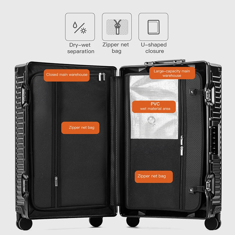 SUSHIMU 20-inch all-aluminum-magnesium alloy luggage with front opening, trolley suitcase, carry-on suitcase, metal travel