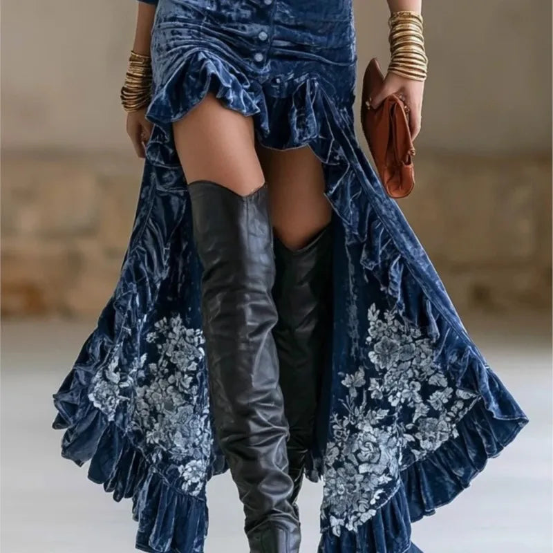 Women Deep V Neck Long Sleeve Velvet Dress Autumn New Swing Pleated Long Dress Autumn Long Sleeve Elegant Party Dresses