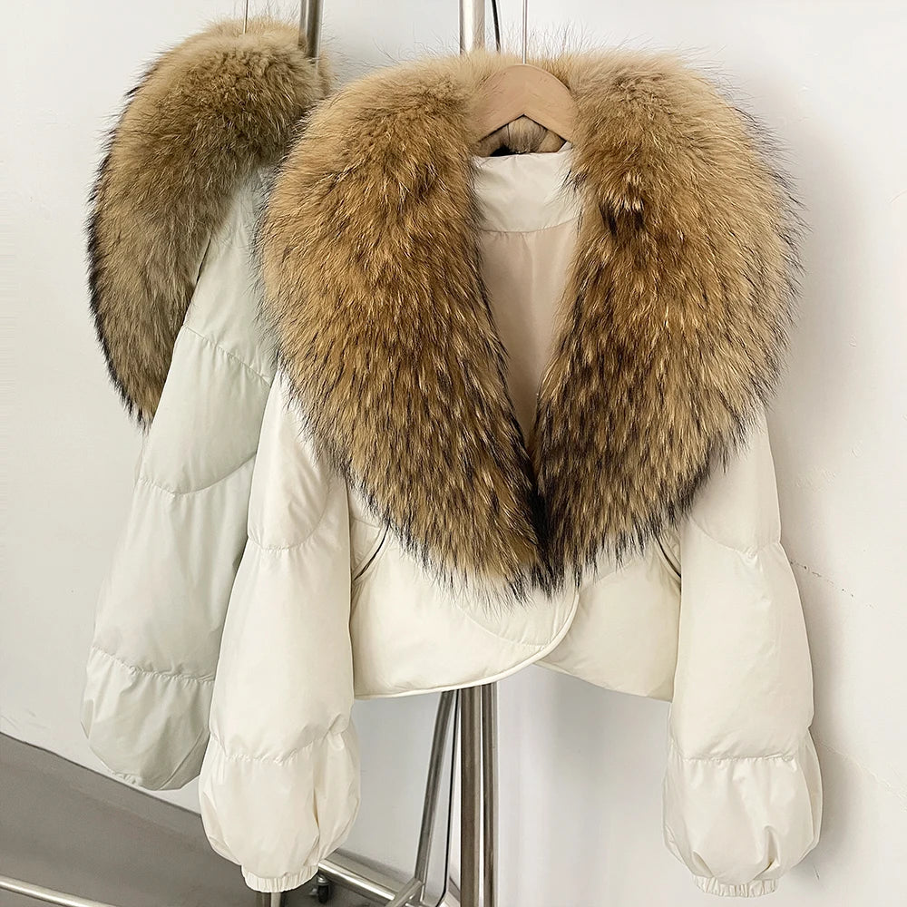 Down Coat – Real Fox Fur Trim – Duck Down – Natural | KIMLUD