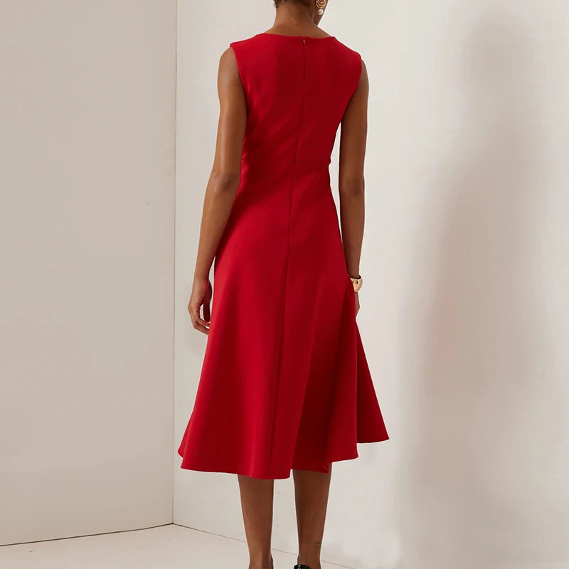 O-Neck A-Line Dress With Knot And Ruffle — Pink | KIMLUD