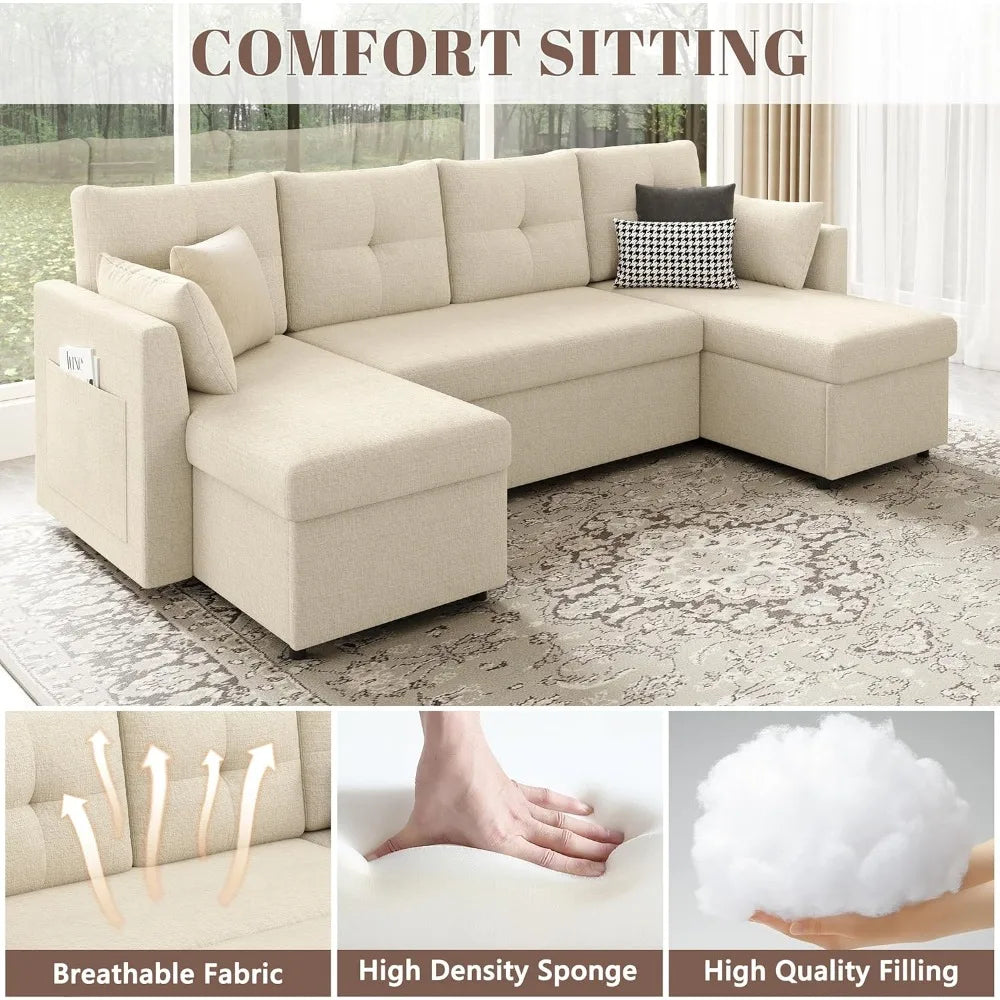 Microfiber Sleeper Sofa 2-In-1 With Storage Chaise — Beige | KIMLUD