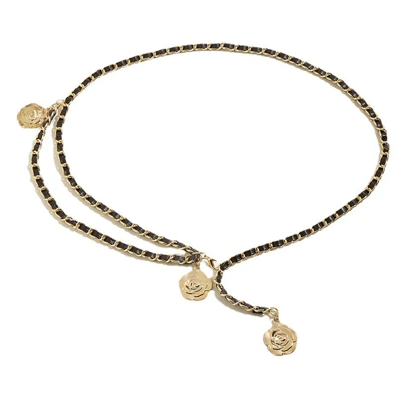 Metal Waist Chain Belt With Circular Flower Pendant And Fine Chain Strap — Gold | KIMLUD