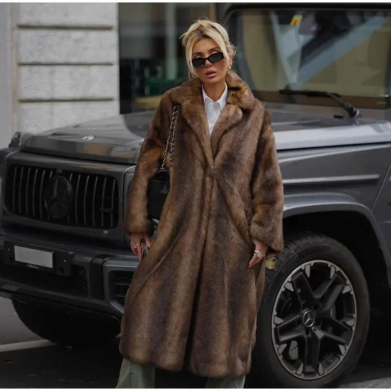 Winter Warm Thick Women Faux Fur Coats Luxury Oversized Long Coats Fleece Overcoat 2025 New Female Elegant Street Outerwear