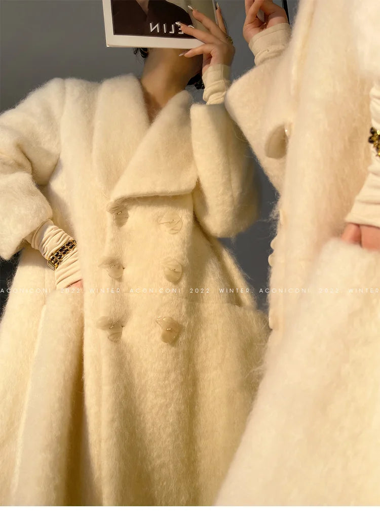 Coat – Double Breasted Long – Wool Blends – White | KIMLUD