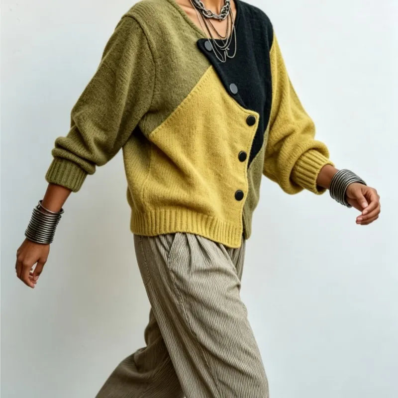 Patchwork Knit Cardigan – Asymmetric Button – Loose Long Sleeve | KIMLUD