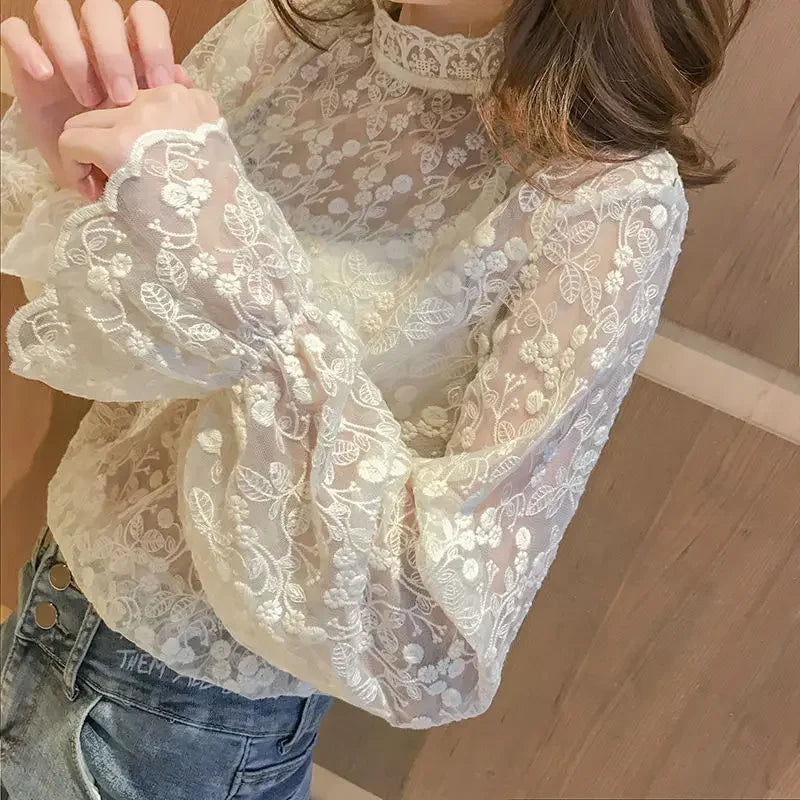 Blouse Women Women's Lace Shirt Lace Collar Top Autumn and Winter Mesh Blusas Ropa De Mujer