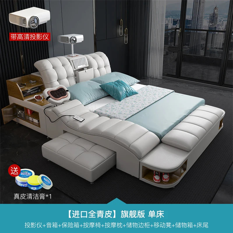 King Simple Double Bed Modern Headrest Storage Sleeping Queen Double Bed Smart Floor Luzko Wielofunkcyjne Furniture For Bedroom