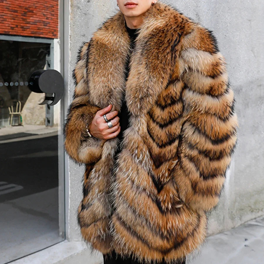 Person wearing a fur coat standing against a concrete wall.