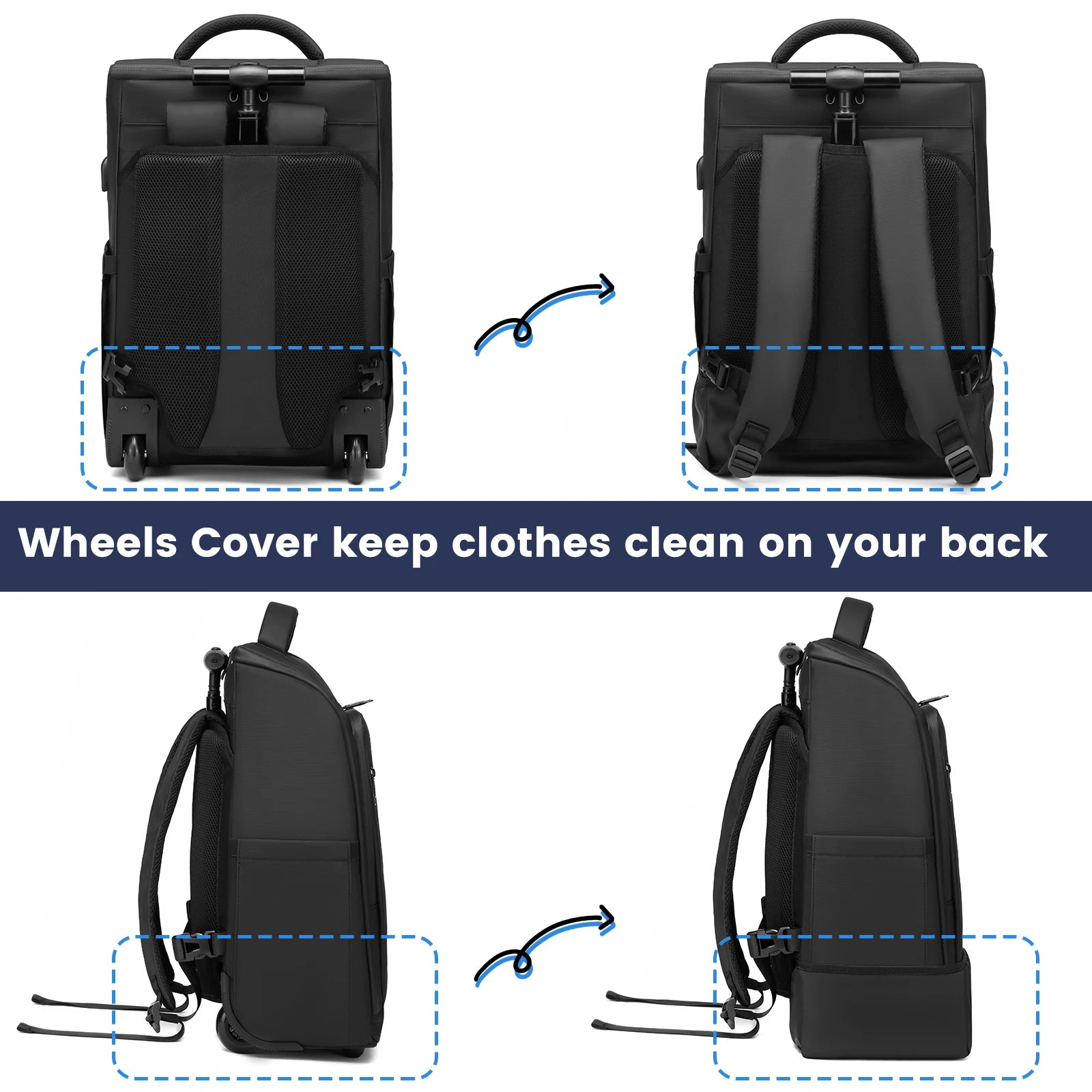 RUCYEN Rolling Backpack 15.6in Laptop Water Resistant Large Capacity Travel Luggage Wheeled Backpack with USB Shoulders Luggage