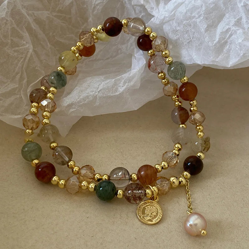 Gold-Tone Bracelet Double-Layer Crystal Pearl Beaded Wrap — Gold | KIMLUD