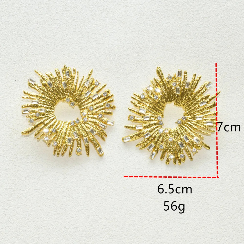 Metal Alloy Round Rhinestone Sunshine Charms Earrings — Gold | KIMLUD