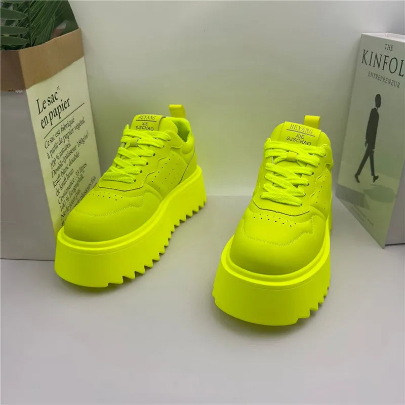 Men's Lace-Up Casual Shoes – Fluorescent Green Thick Sole | KIMLUD