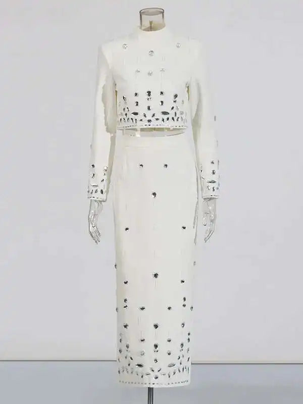 KIMLUD, TWOTWINSTYLE Solid Spliced Diamonds Two Piece Set For Women Stand Collar Long Sleeve Tops High Waist A Line Skirt Set Female New, KIMLUD Womens Clothes