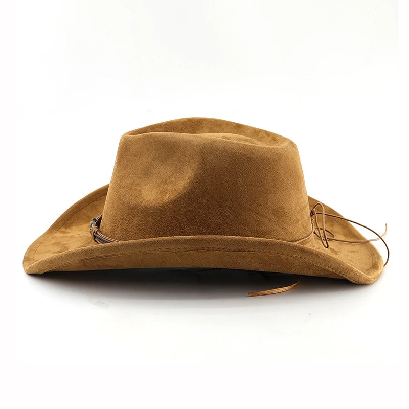 Suede Western Cowboy Hat Rolled Brim Unisex — Brown | KIMLUD