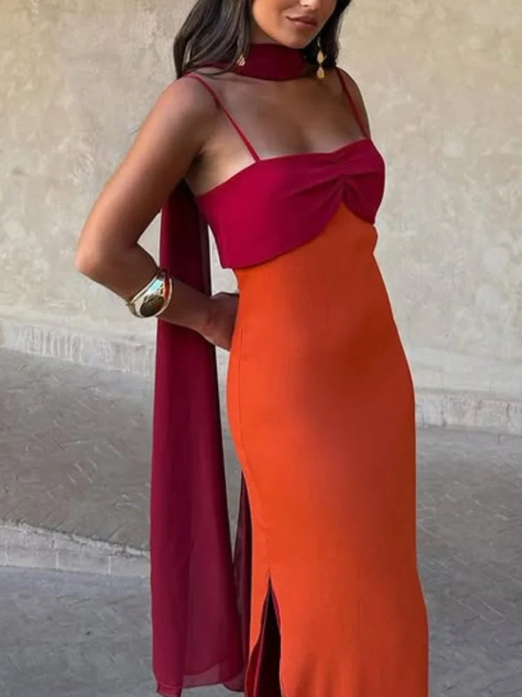 Color Blocking Sling Dress Scarf Collar — Orange Burgundy | KIMLUD