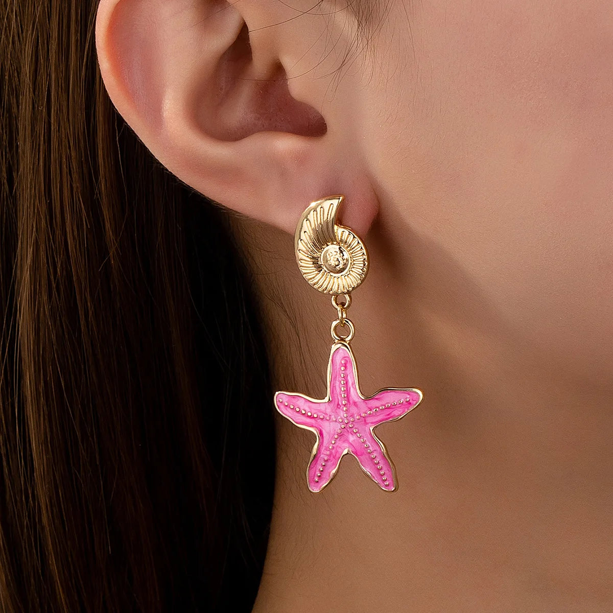 Conch Earrings for Women Fashion Children's Fun Ocean Series Metallic Color Starfish Beach Holiday Style Banquet Gift