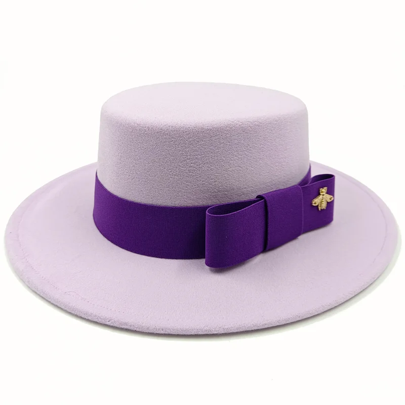 Wholesale Fedora hats Winter round concave convex surface flat top bow elastic ribbon men&#39;s and women&#39;s felt jazz hats Fedora - KIMLUD