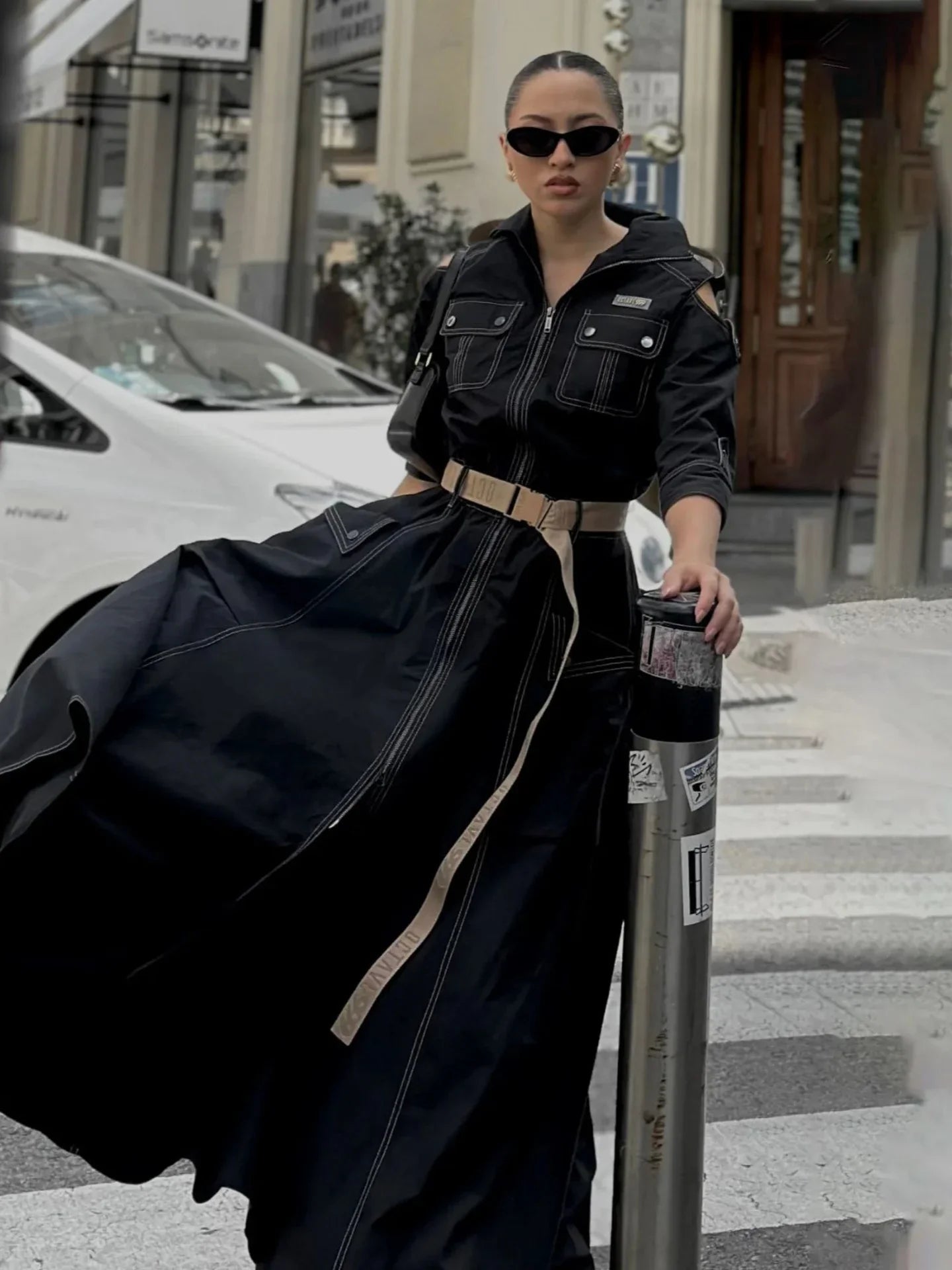 Retro Maxi Shirt Dress Women 2025 Turndown Neck Half Sleeve Zipper Belt Pockets Long Dress Ladies Streetwear Women Clothes