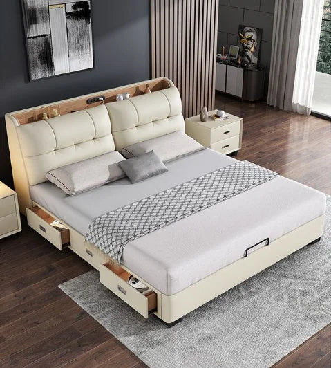 Pure White Nordic Style Oak Panel Queen Bed Frame Steel Frame Cama Modern Bed Queen Size Bed