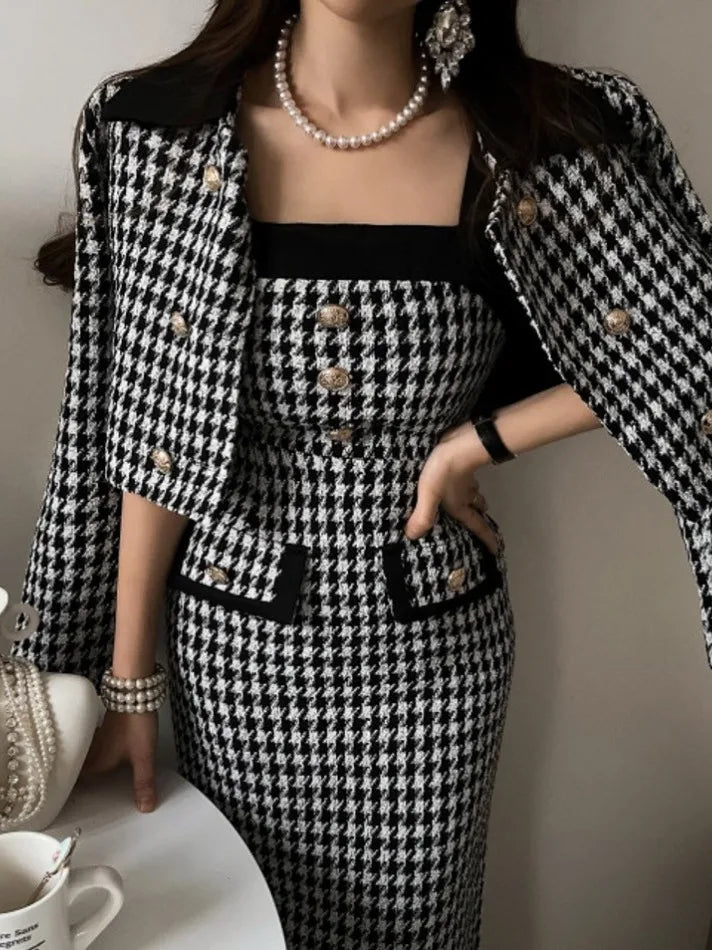 Chic Autumnal Vintage ort Coat And Gingham Print Slim Fit Dr Set for Women Commute Sle Pure E-commerce S Chinese Or...