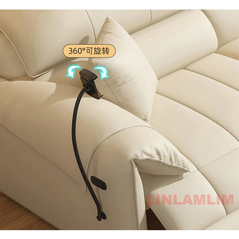 Italian Genuine Leather Electric Reclining Sofa With Adjustable Footrest USB And Foldable Center Console — Caramel Tan | KIMLUD