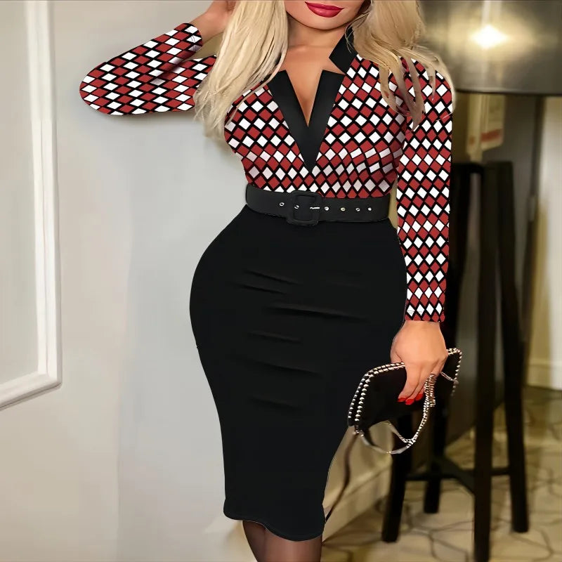 Bodycon Midi Dress – Color Block Diamond Print – Polyester Belted Lapel V-Neck | KIMLUD