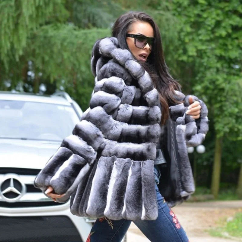 Luxurious Rex Rabbit Fur Solid Coat — Black | KIMLUD
