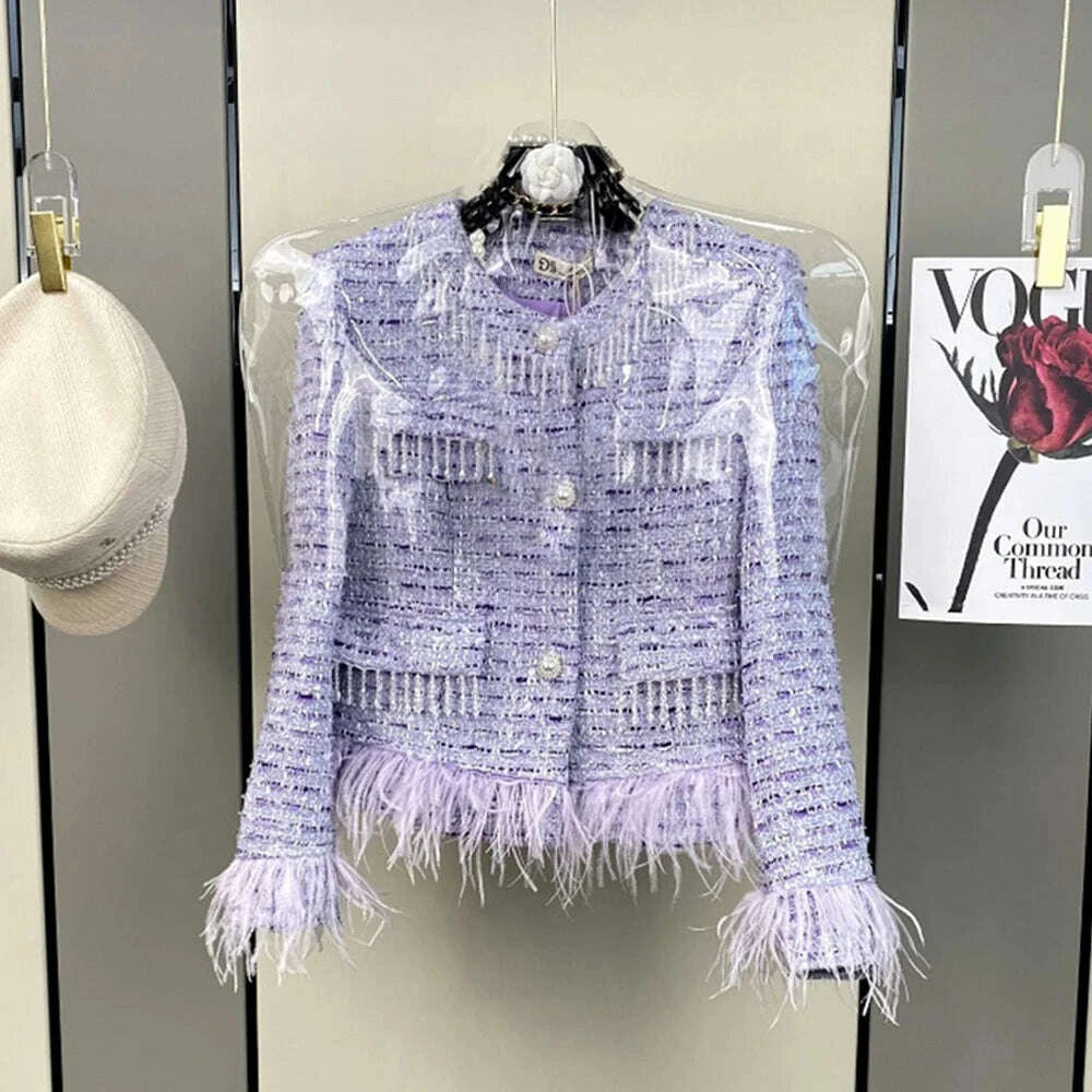 High Quality Elegant Violets Tweed Women Set Single-breasted Feather Beaded Tassel Jacket & High Waist Shorts Suit Fashion Party