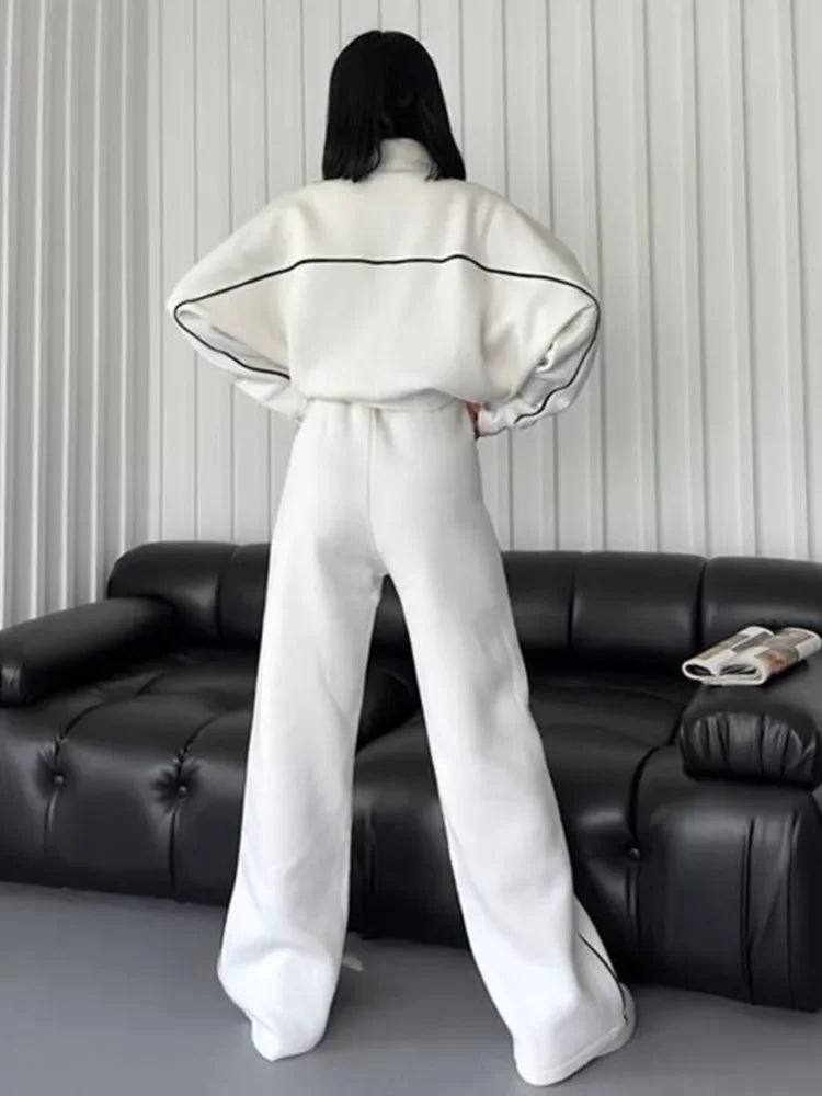 Polyester Two-Piece Set Zipper Coat With Wide-Leg Pants — Charcoal Gray | KIMLUD