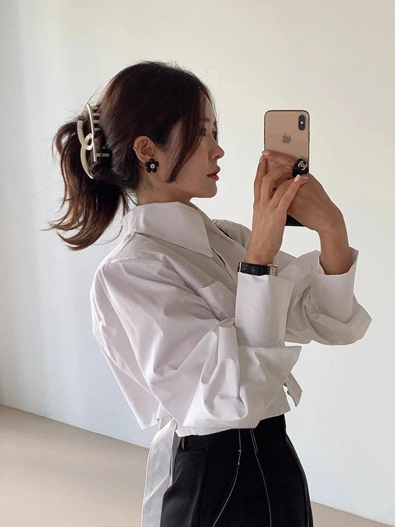 Cropped Cotton Shirt With Back Lace-Up Design And Hollow Out Detailing — White | KIMLUD