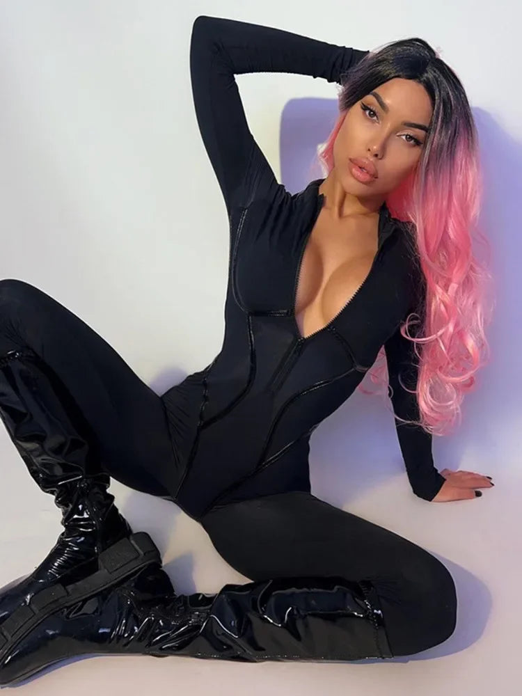 Jumpsuit - O Neck Full Sleeve Zipper - Skinny Silhouette - Black | KIMLUD