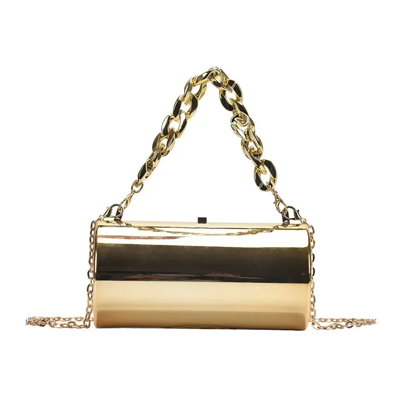 Metallic Cylinder Mini Box Clutch Purse — Gold | KIMLUD