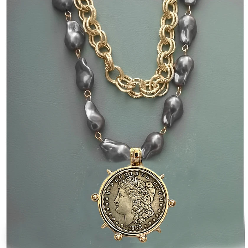 Choker Necklace - Coin Charm Pendant - Cubic Zirconia - Grey | KIMLUD
