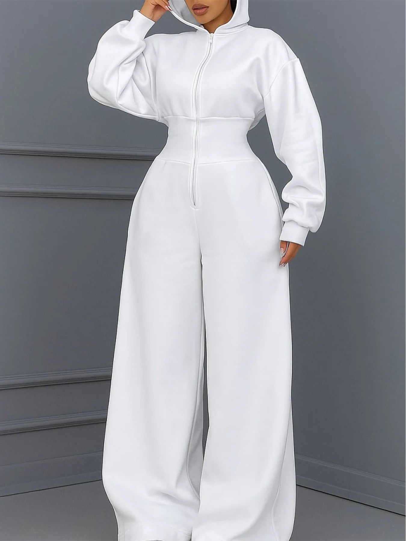 Hooded Zipper Jumpsuit Elastic-Waist — Black | KIMLUD