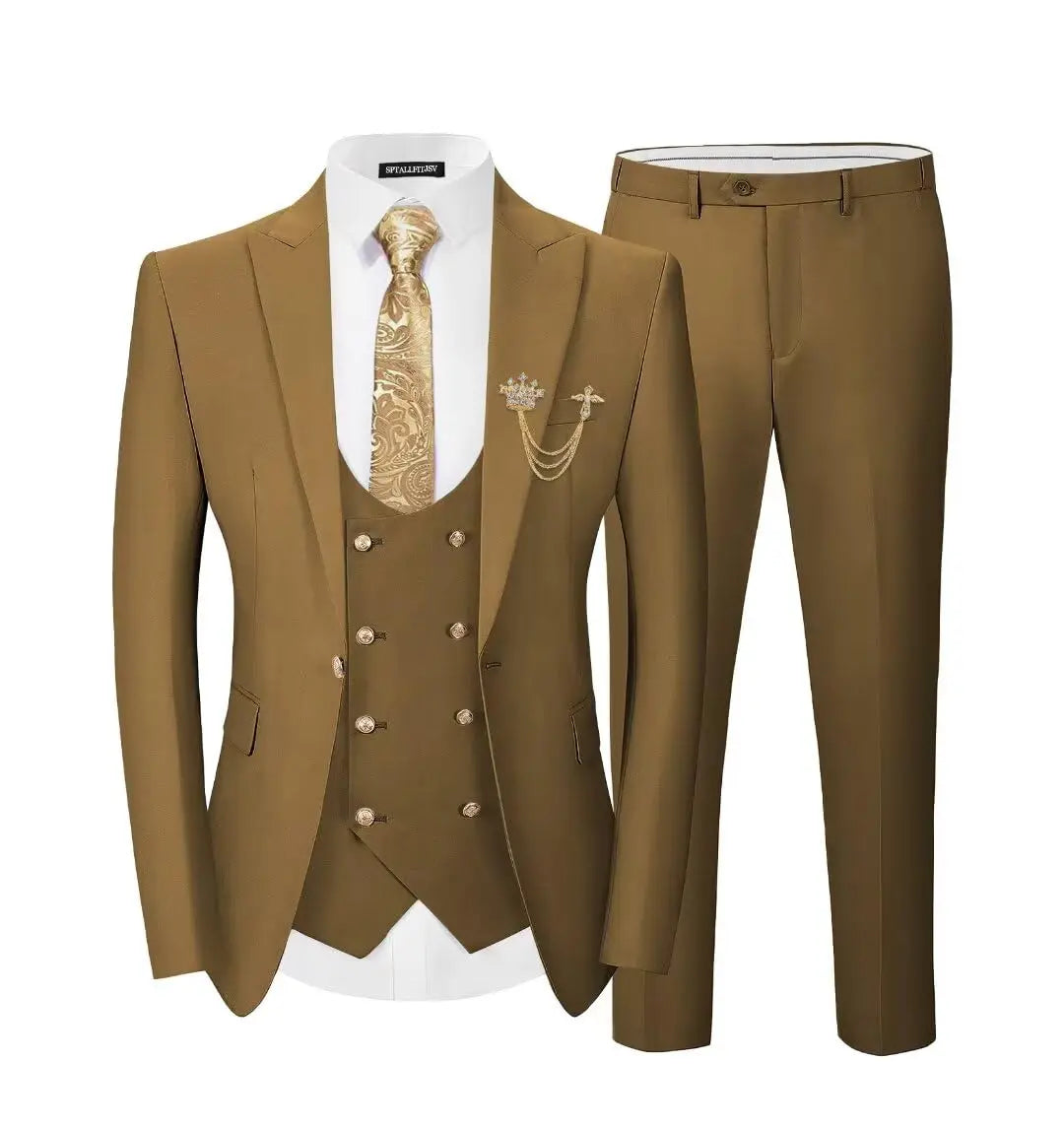 Men's 3-Piece Suit Set Classic One Gold Button Slim Fit Blazer Vest Pants Formal Business Wedding Wear