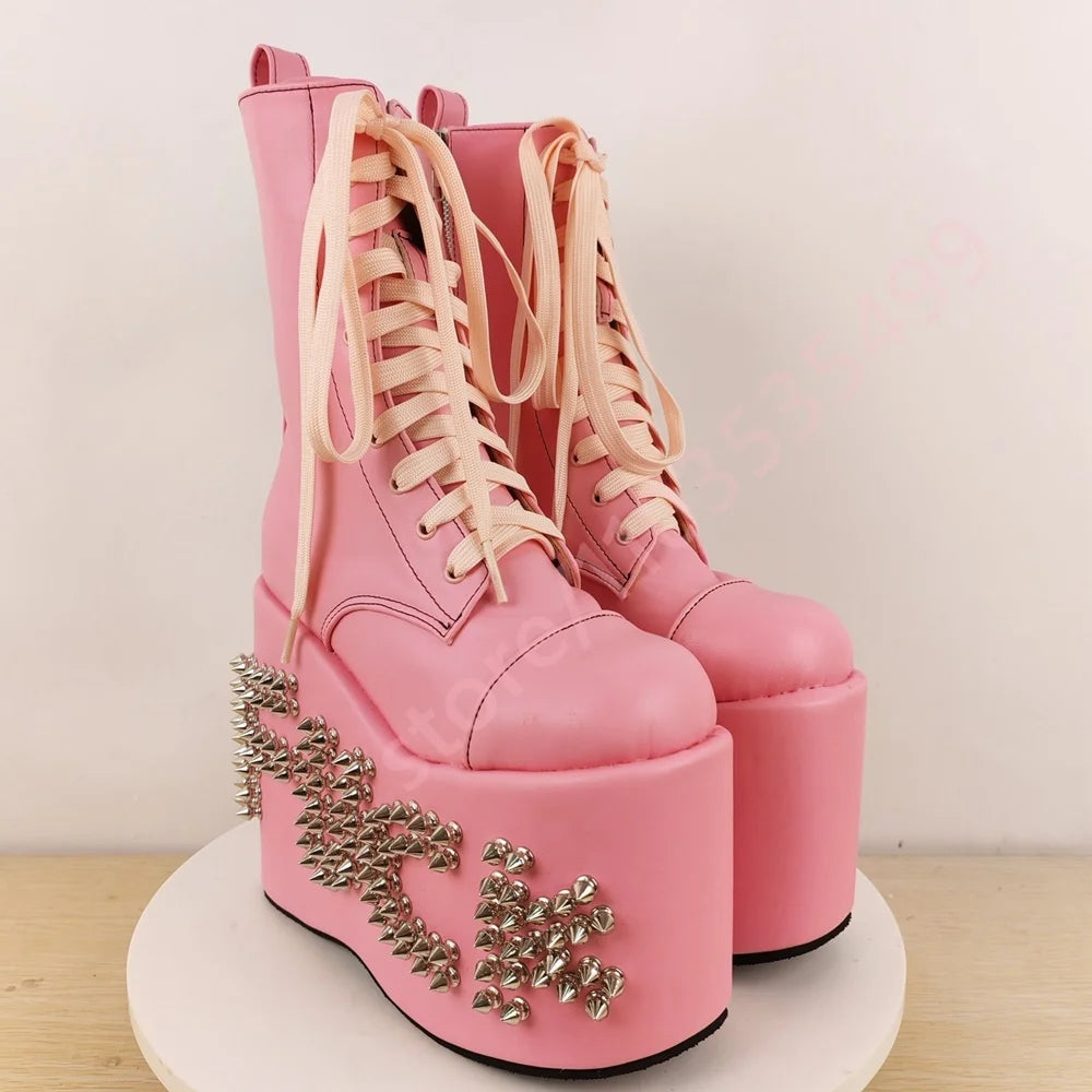 Knee-High Boots - Platform Studded - PU - Wedge Heel | KIMLUD