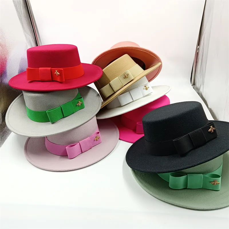 Wholesale Fedora hats Winter round concave convex surface flat top bow elastic ribbon men&#39;s and women&#39;s felt jazz hats Fedora - KIMLUD
