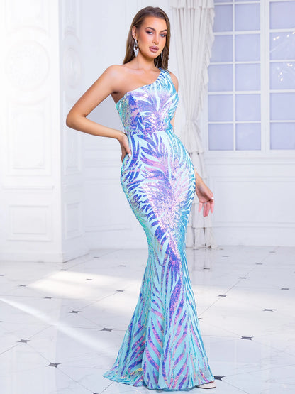 Floor-Length One-Shoulder Sequin Dress – Flower Embellished | KIMLUD