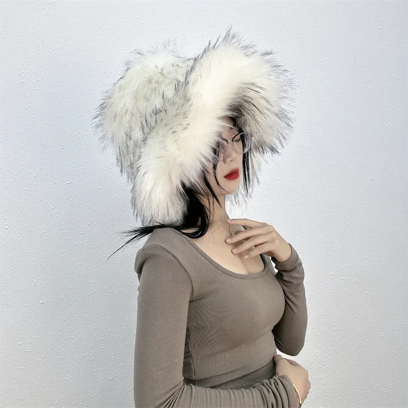 Winter Women Faux Fur Bucket Hat Warm Raccoon Fur Hat Oversize Outdoor Punk Hat Girl Fashion Long Fur Bucket Hat Furry Cute Cap - KIMLUD