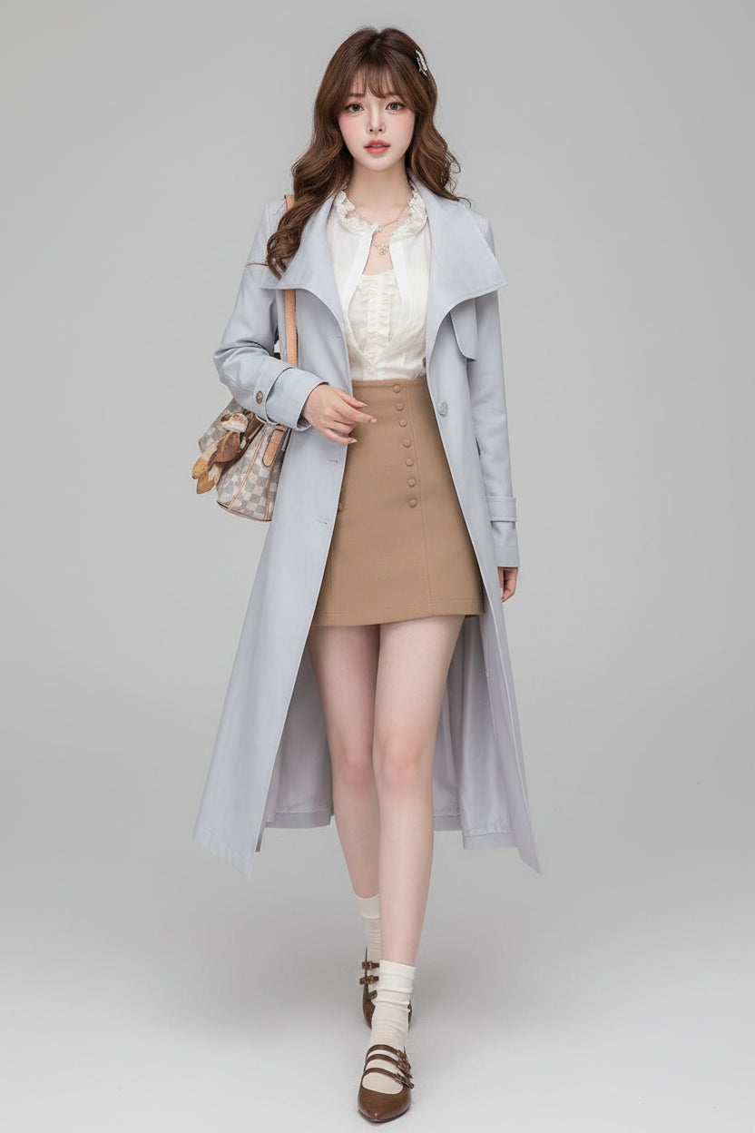 Polyester Trench Coat Waist-Defining Long Single Breasted — Beige | KIMLUD