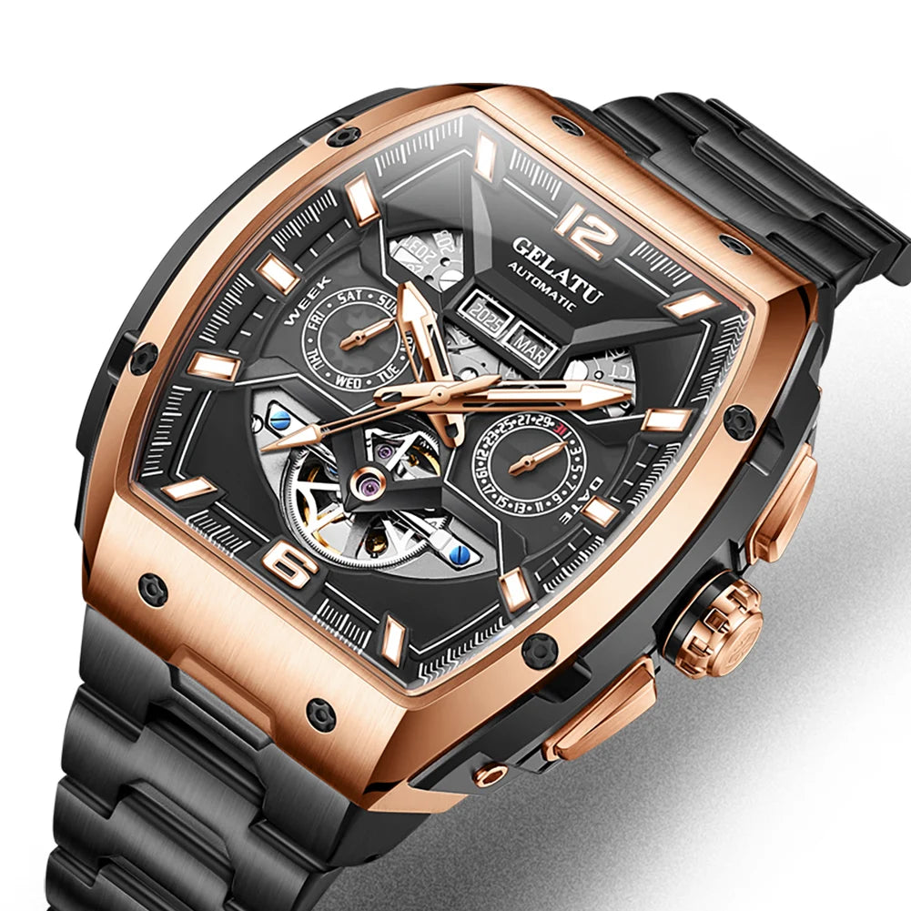 Reloj Hombre Watches Mens GELATU Top Brand Luxury Rose Black Skeleton Tourbillon Automatic Mechanical Watch for Men Waterproof