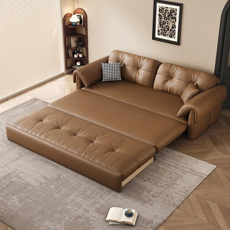 Faux Leather Sofa Bed Italian Modern Silhouette With Convertible Chaise Lounge — Brown | KIMLUD